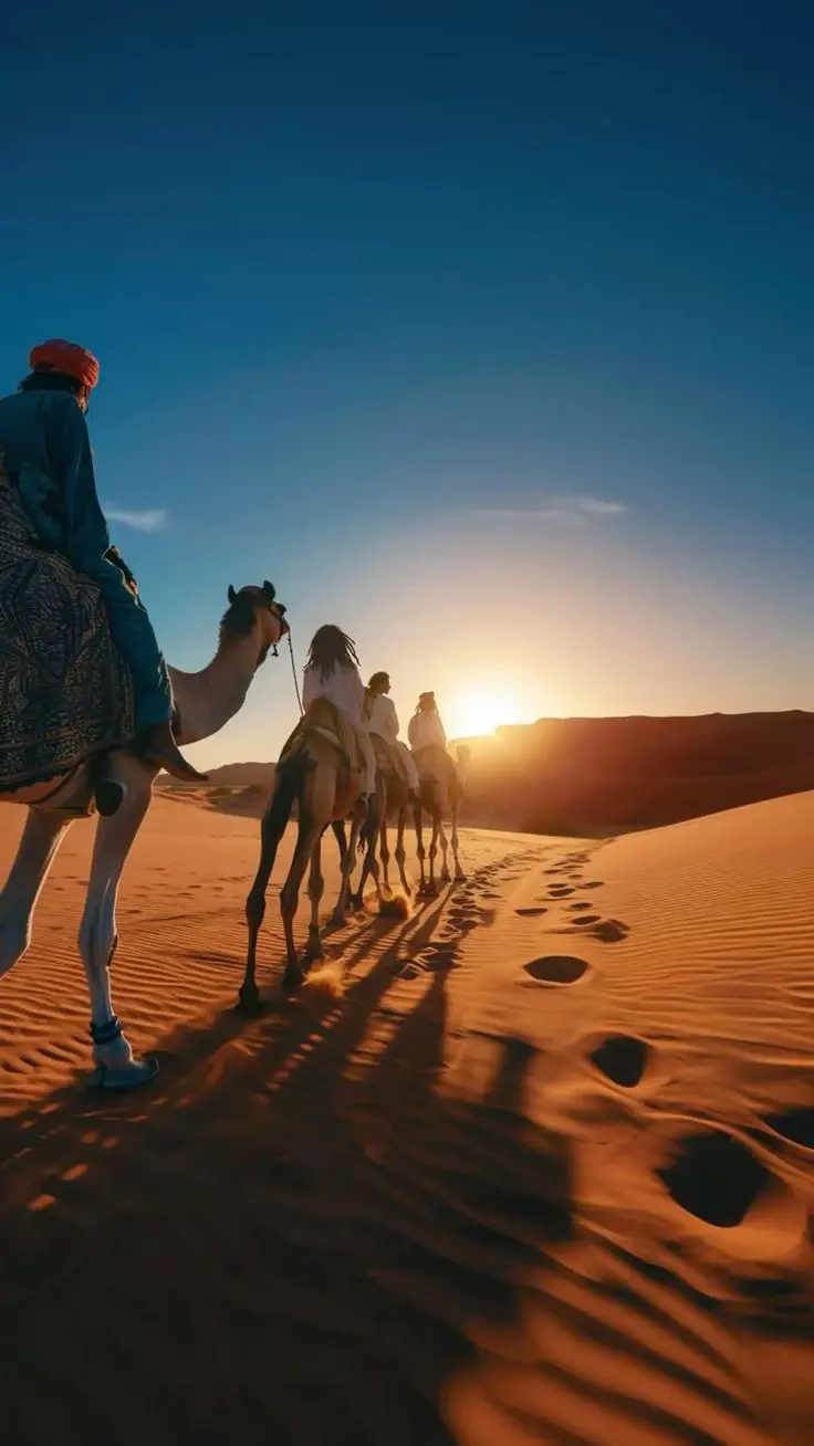 Camel caravan trekking the Sahara dunes at sunset